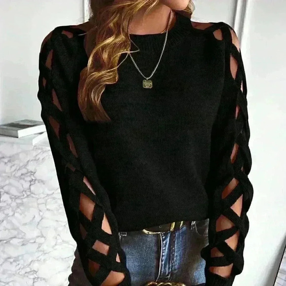 Black Casual Womens Cut Out Raglan Sleeve Crisscross Sweater - Picture 4 of 5
